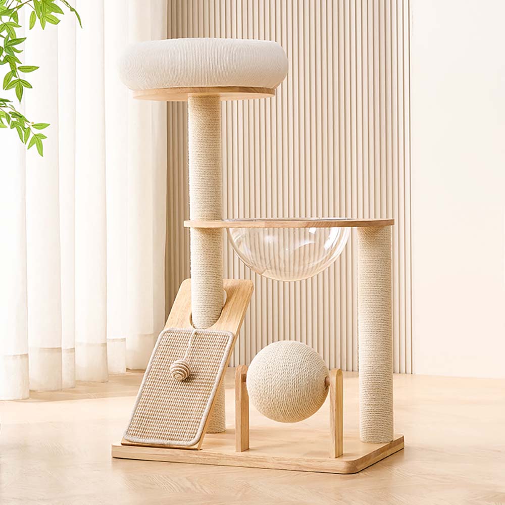 Luxury Large Solid Wood Cat Tree Tower With Cat Interactive Ball Toy Cat Climbing Frame With Cat Bed Cat Rolling Ball