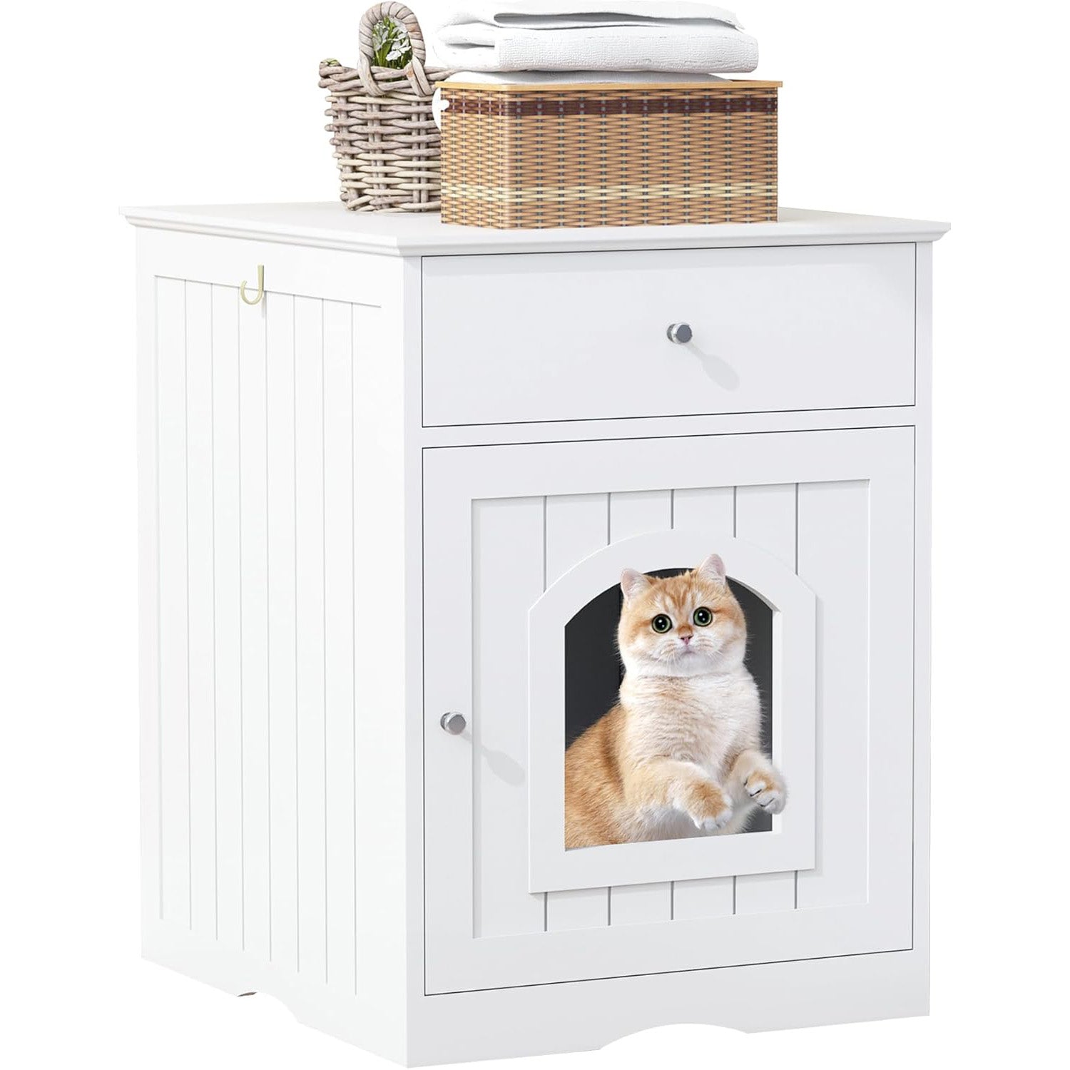White Wooden Pet Furniture Hidden Cat Litter Box Enclosure Cabinet Drawer Cat Crate & End Table Fits Most Litter Boxes