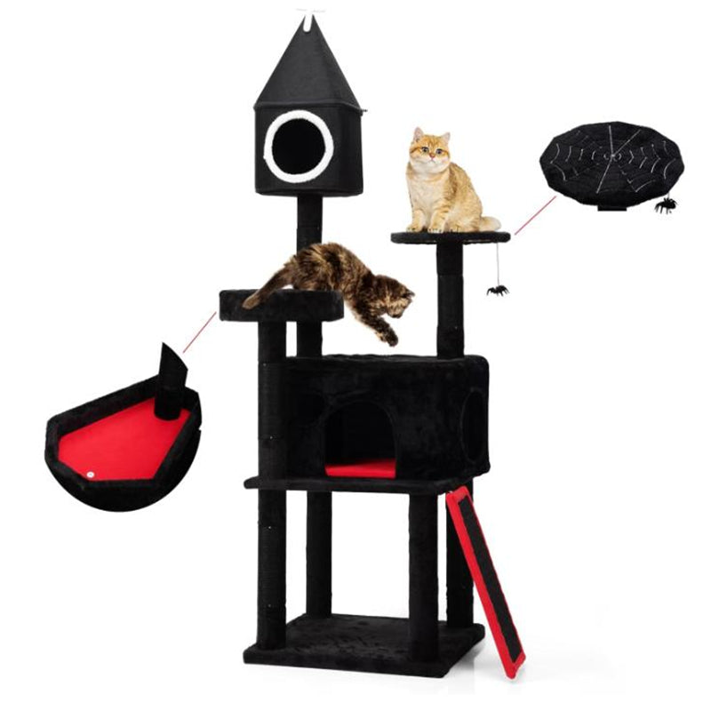 Gothic Cat Tree Black Multi-Level Wood Tower Spider Hanging Ball Cool Halloween Pet Furniture for Large Cats Scratching Post