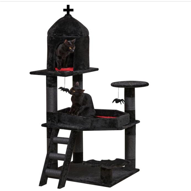 Gothic 55\" Cat Tower Spacious Wood Cat Condo with Spider Hanging Ball Printed Coffin Bed Black Halloween Cat Tree