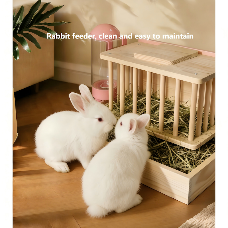 Wooden Rabbit Feeder and Trough with Water Dispenser Rabbit hay Feeder, Detachable for Easy Cleaning