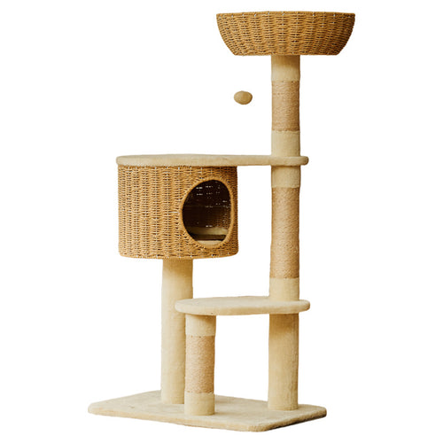 2026 Wood Wickerwork Cat Tree cat House Tower with 3 Levels Sisal Material Eco-Friendly Durable Cat Climbing Frame
