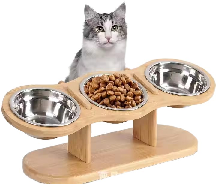 Bamboo Pet Bowl Solid Wood Pet Bowl Stand Feeder Bowl Elevated Tilted Neck Protection Feeder Suitable for Small Pets