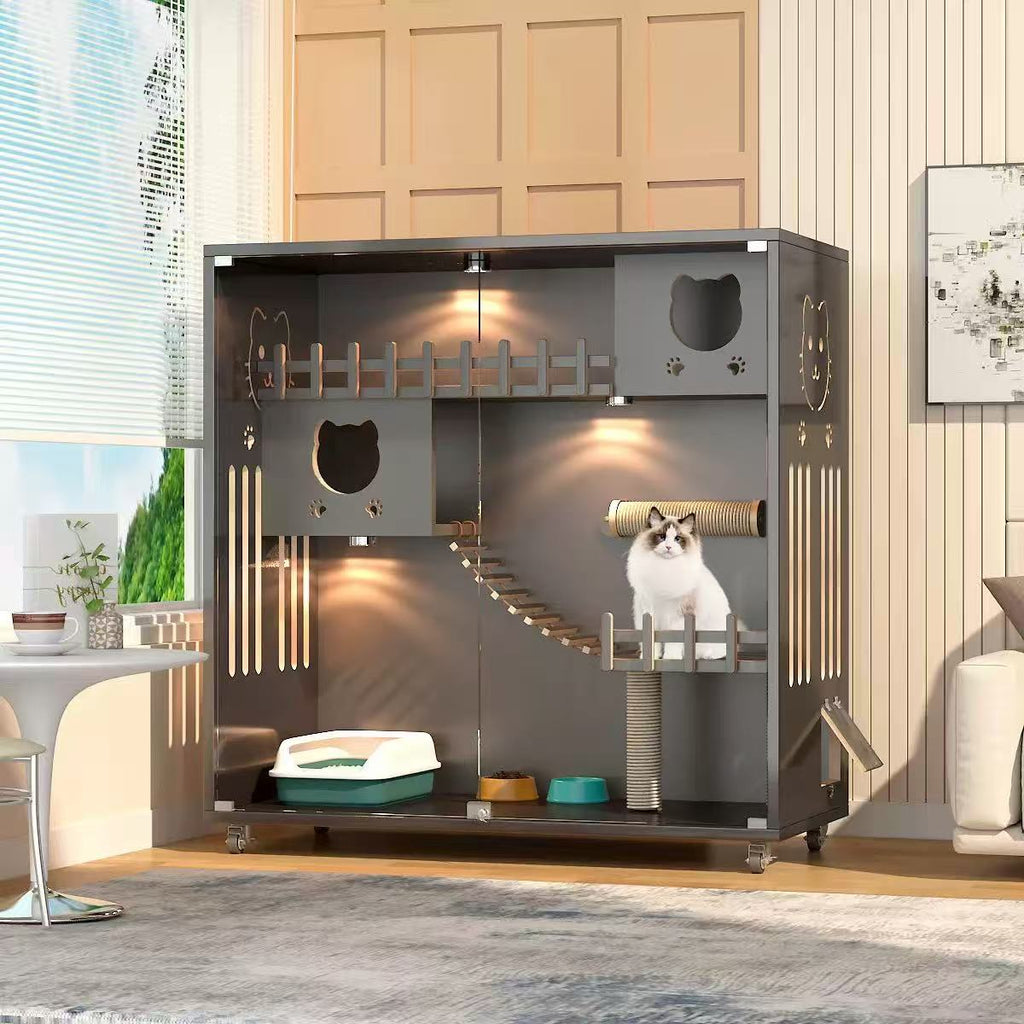Luxurious Wooden Eco-Friendly Durable Double-Door Cat Villa, Creative Indoor Applicable, Large Pet Play Cage for Two Cats