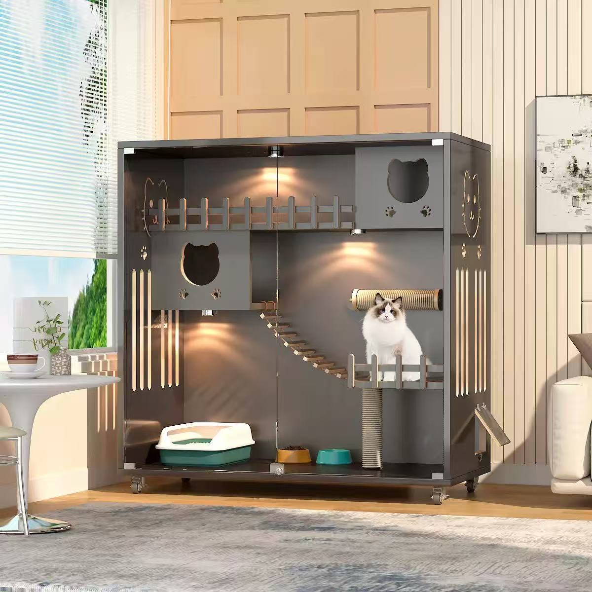 Luxurious Wooden Eco-Friendly Durable Double-Door Cat Villa, Creative Indoor Applicable, Large Pet Play Cage for Two Cats