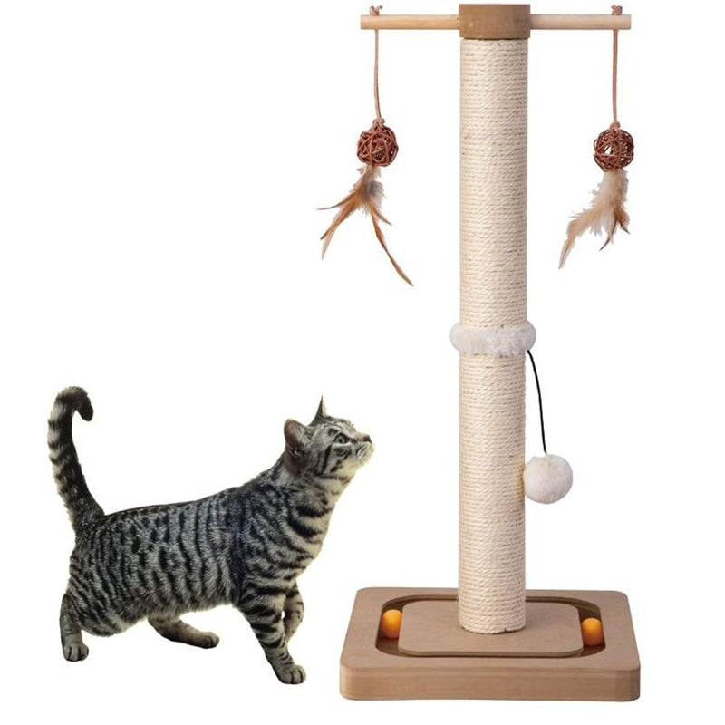 Premium Cat Scratching Post Wood Vertical Scratcher with Tracking Interactive Toys Sisal Print Design for Indoor Kittens & Cats