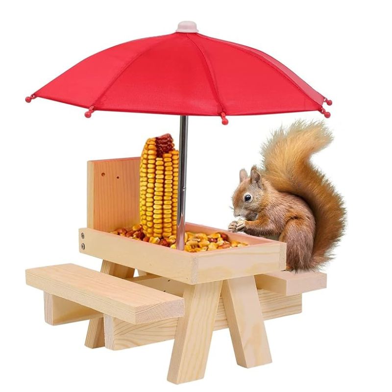 Sturdy Wooden Squirrel Feeding Station Umbrella-Mounted Tray Simple Installation Tabletop Bowl for Nuts Corn Husks for Peanuts