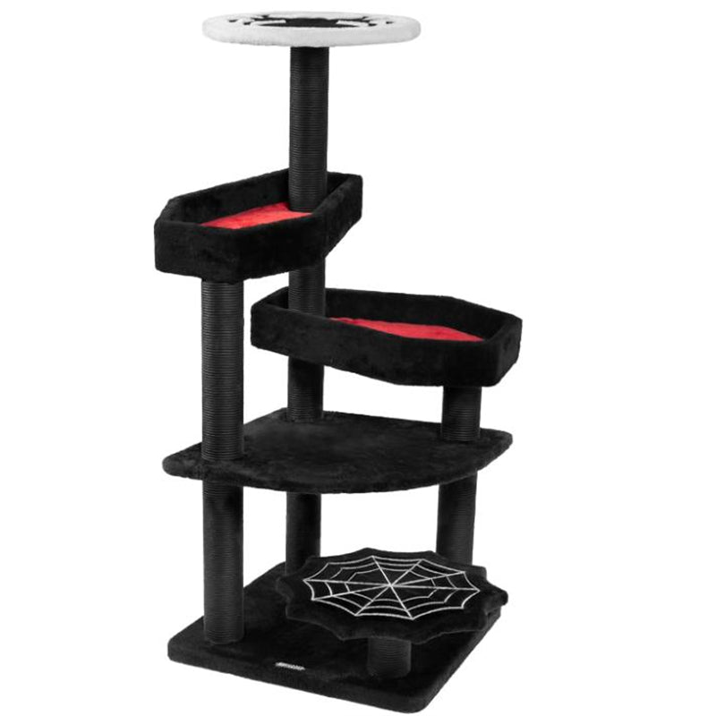Large Gothic Halloween Cat Tower Black Indoor Wood Scratching Posts with Printed Coffin Bed Decorative Pet Bed for Cats
