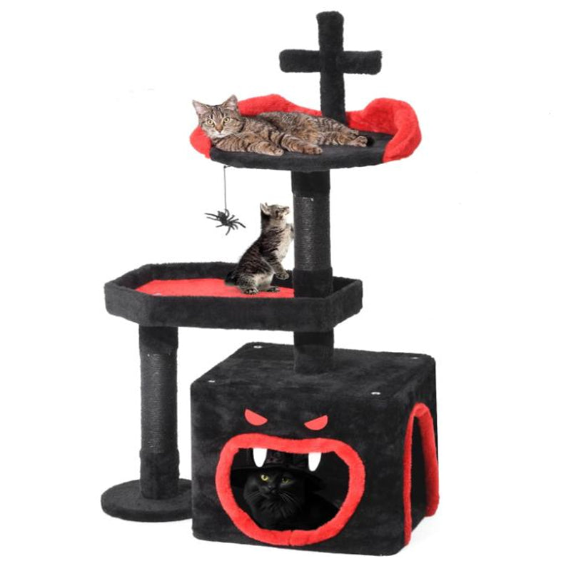 Gothic Halloween Cat Tree Spacious Spider Hanging Ball Scratching Post with Coffin Bed Cat Tower Black Indoor Wood Cat Tower