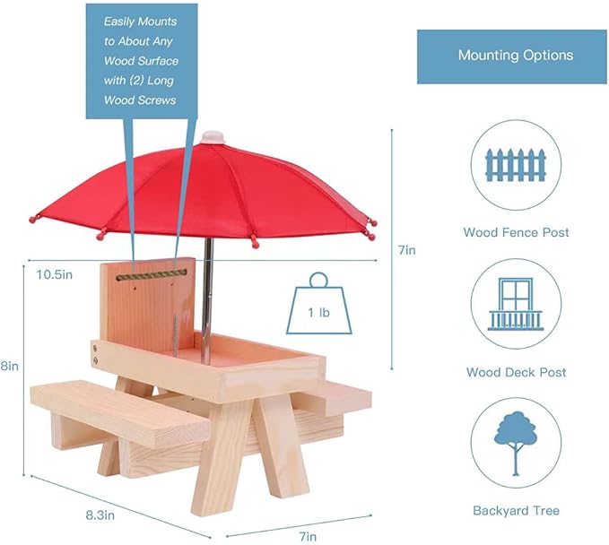 Sturdy Wooden Squirrel Feeding Station Umbrella-Mounted Tray Simple Installation Tabletop Bowl for Nuts Corn Husks for Peanuts