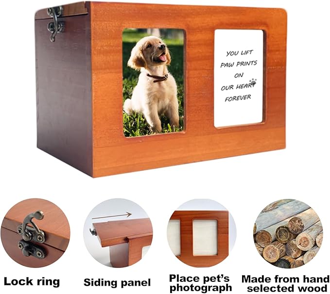 U-Shaped Lock Wood Pet Cremation Box Memory House with Commemorative Card for Pets up to 40 Pounds Animal Patterned