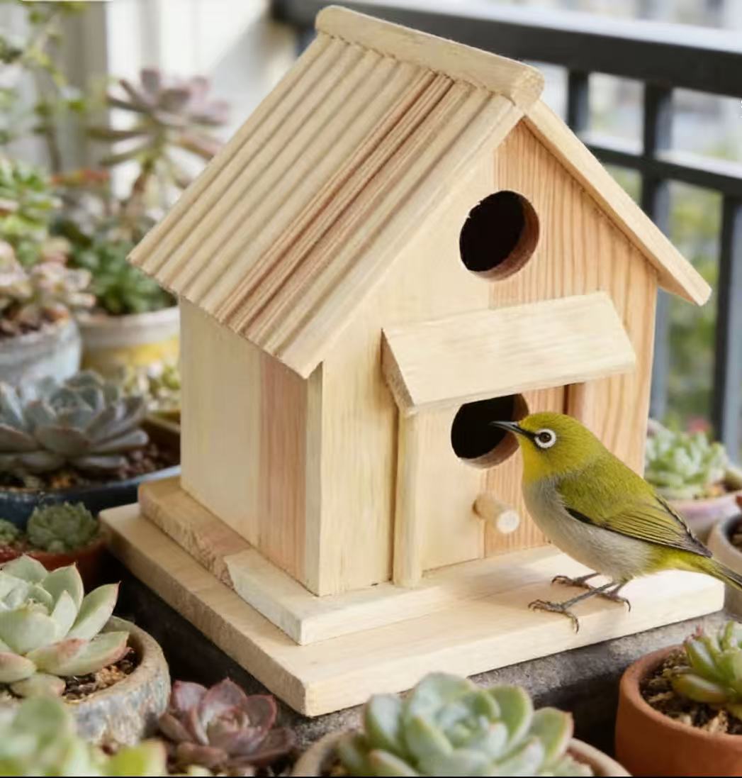 Wooden Bird House with Printed Patterns, Can Be Hung Outdoors or Used Indoors, Creative Pastoral Outdoor Bird Nest Villa Craft