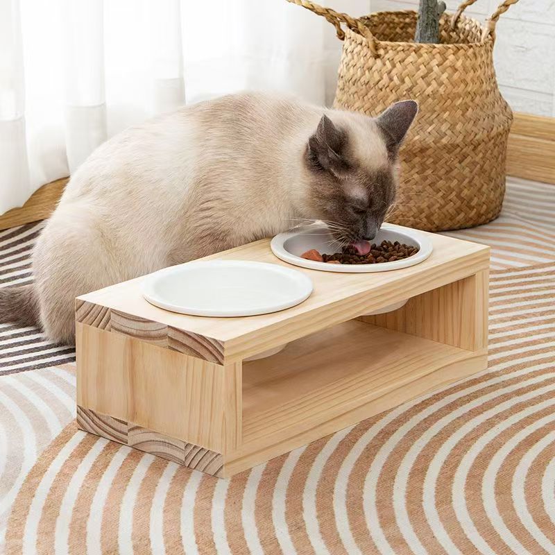 Pet Bowl Ceramic Pet Bowl Custom-made Pinewood Pet Bowl Stand for Small Pet Cats and Dogs