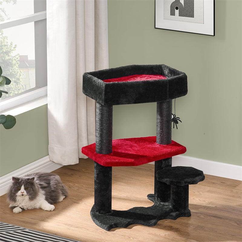 Gothic Cat Tree With Coffin Cat Tower Coffin With Scratching Post Spider Hanging Ball Halloween Black Pet Furniture