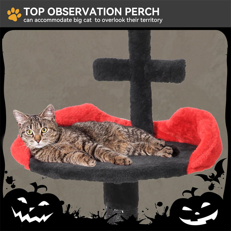 Gothic Halloween Cat Tree Spacious Spider Hanging Ball Scratching Post with Coffin Bed Cat Tower Black Indoor Wood Cat Tower
