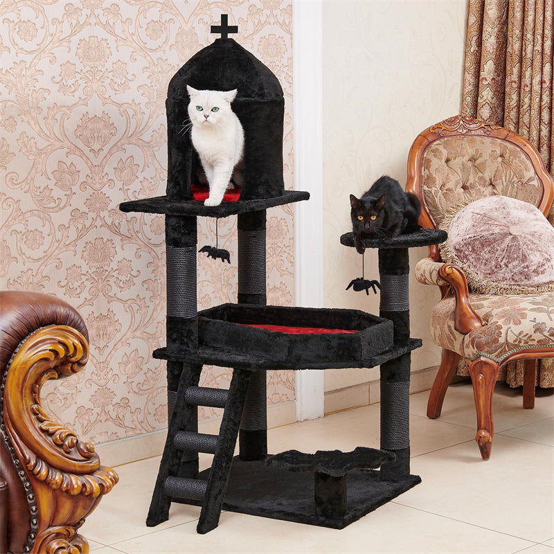 Gothic 55\" Cat Tower Spacious Wood Cat Condo with Spider Hanging Ball Printed Coffin Bed Black Halloween Cat Tree