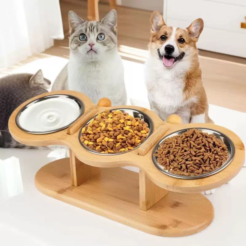 Bamboo Pet Bowl Solid Wood Pet Bowl Stand Feeder Bowl Elevated Tilted Neck Protection Feeder Suitable for Small Pets