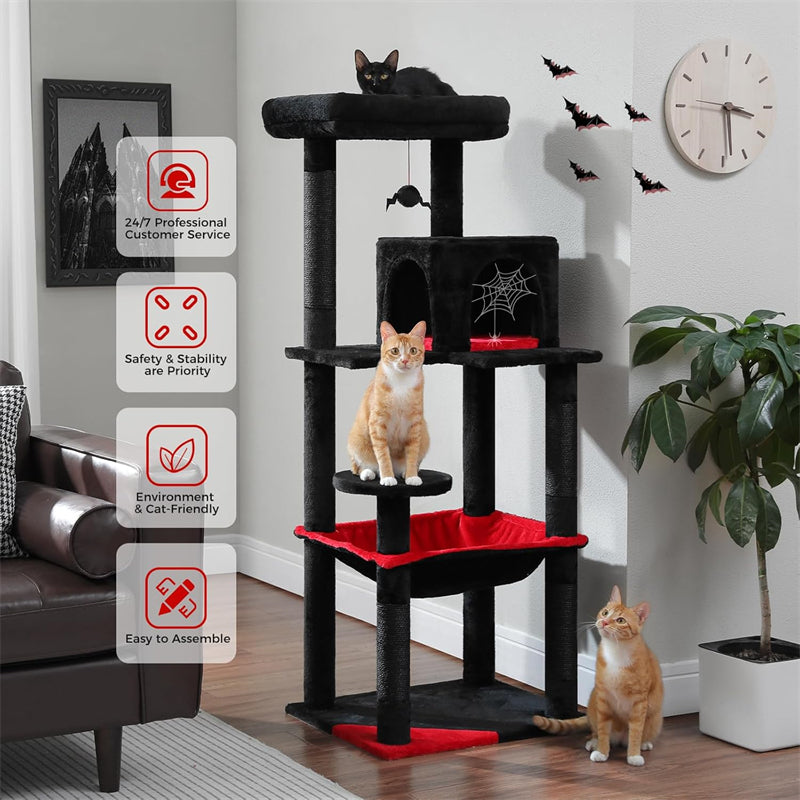 56.3" Gothic Cat Tree for Indoor Cats Sisal Covered Scratching Posts, Cozy Condo and Top Perch Black