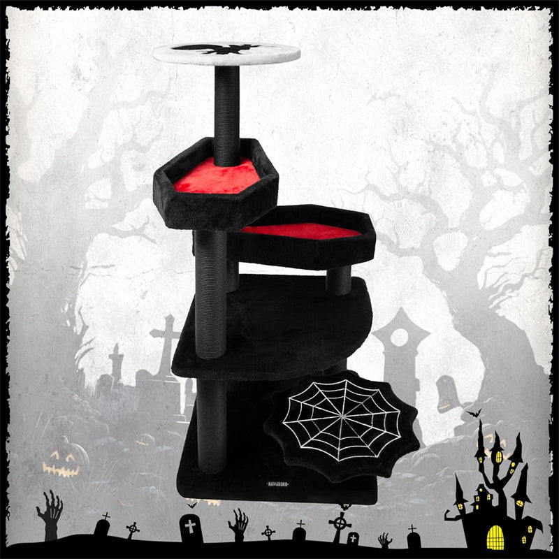 Large Gothic Halloween Cat Tower Black Indoor Wood Scratching Posts with Printed Coffin Bed Decorative Pet Bed for Cats