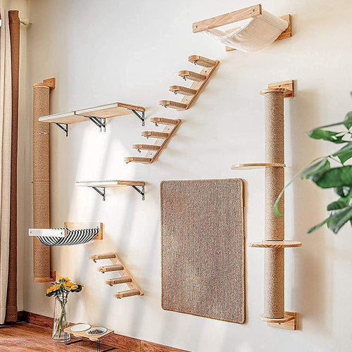 Cat Activity Tree cat Scratching Post Wall Mounted Wood Eco-Friendly Pine Hammock 5 Pcs Pet cat Accessories cat Wall Shelves