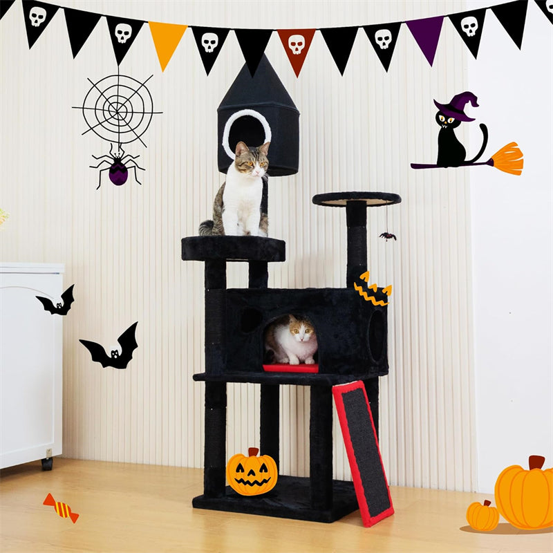 Gothic Cat Tree Black Multi-Level Wood Tower Spider Hanging Ball Cool Halloween Pet Furniture for Large Cats Scratching Post