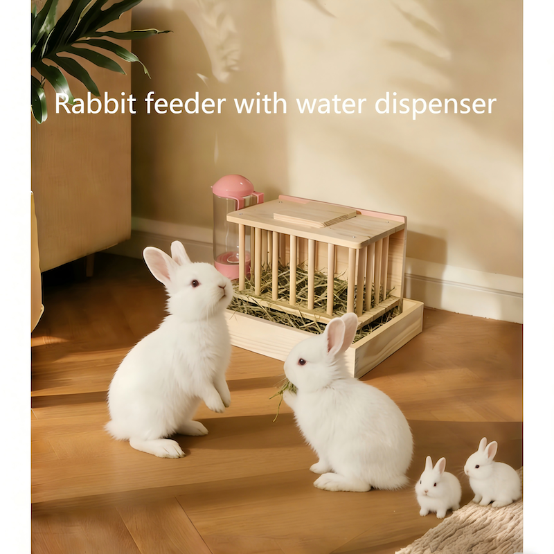 Wooden Rabbit Feeder and Trough with Water Dispenser Rabbit hay Feeder, Detachable for Easy Cleaning