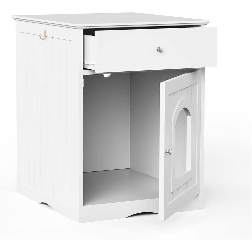 White Wooden Pet Furniture Hidden Cat Litter Box Enclosure Cabinet Drawer Cat Crate & End Table Fits Most Litter Boxes