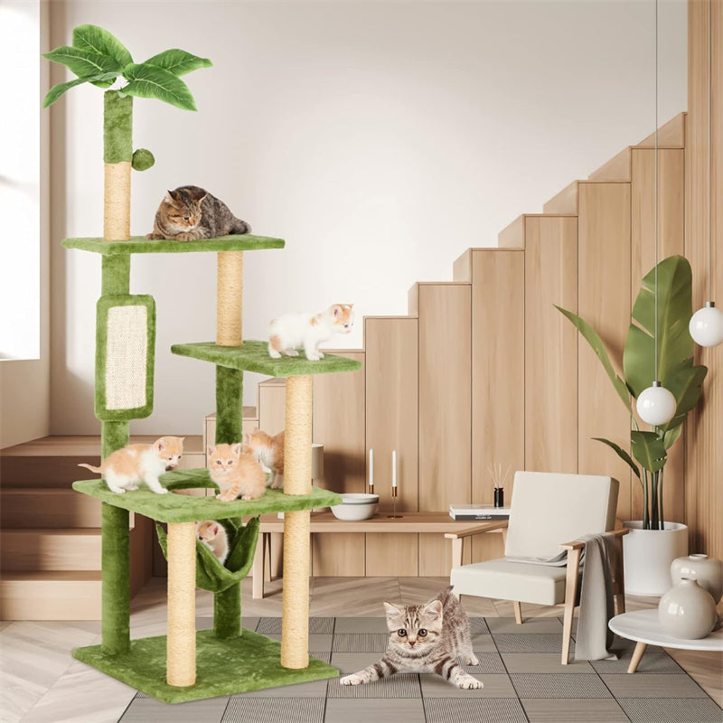55\" Wood Cat Tree for Indoor Cats Multi-Level Large Cat Tower With Hammock Green Leaves Print Sustainable Feature