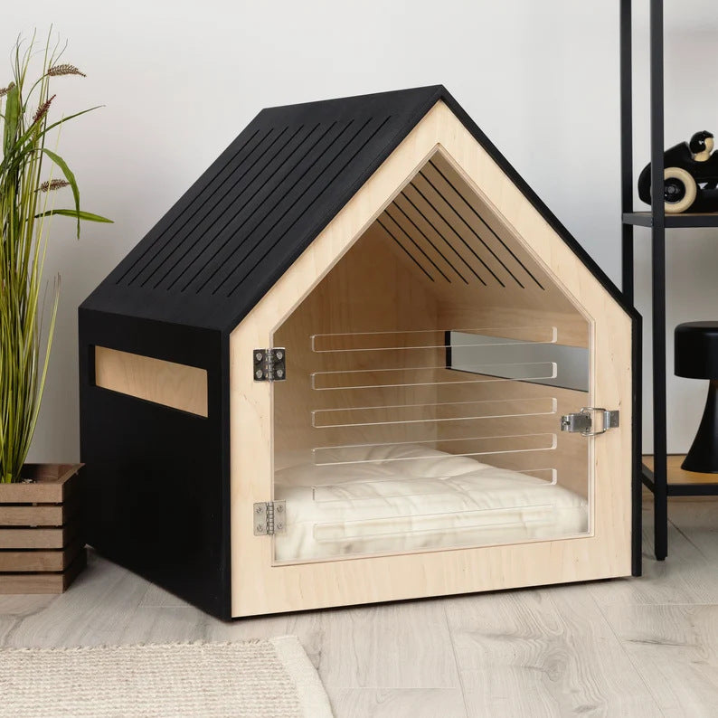 Cat House Foldable Wooden Cat House With Transparent Acrylic Door cat Houses Indoor cat Enclosure