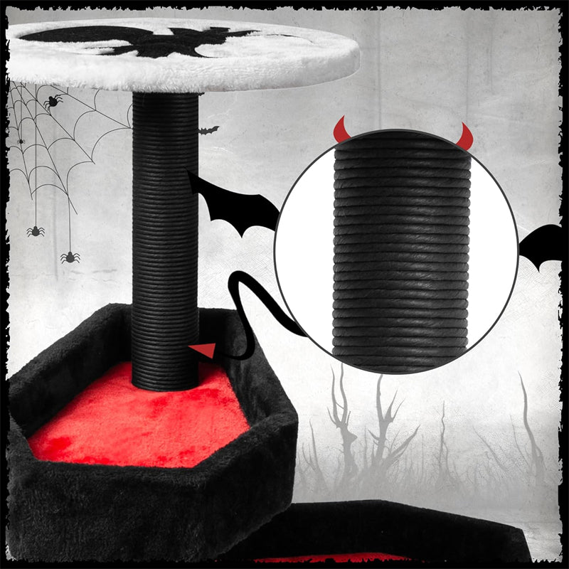 Large Gothic Halloween Cat Tower Black Indoor Wood Scratching Posts with Printed Coffin Bed Decorative Pet Bed for Cats
