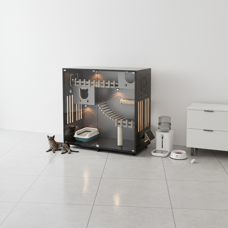 Luxurious Wooden Eco-Friendly Durable Double-Door Cat Villa, Creative Indoor Applicable, Large Pet Play Cage for Two Cats