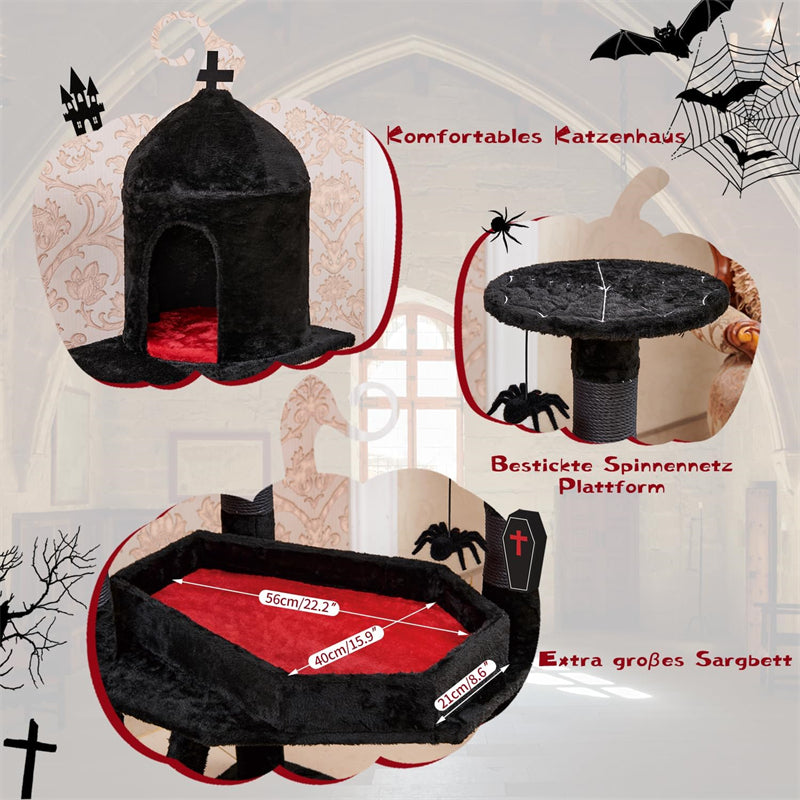 Gothic 55\" Cat Tower Spacious Wood Cat Condo with Spider Hanging Ball Printed Coffin Bed Black Halloween Cat Tree