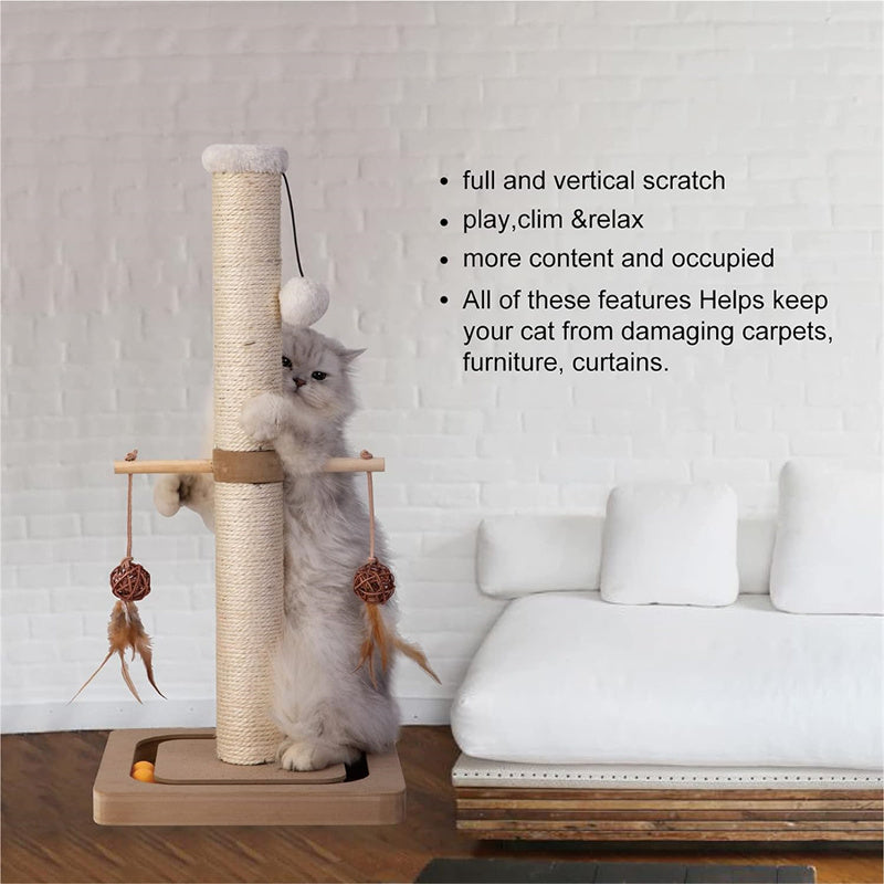 Premium Cat Scratching Post Wood Vertical Scratcher with Tracking Interactive Toys Sisal Print Design for Indoor Kittens & Cats