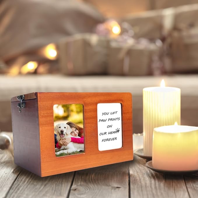 U-Shaped Lock Wood Pet Cremation Box Memory House with Commemorative Card for Pets up to 40 Pounds Animal Patterned