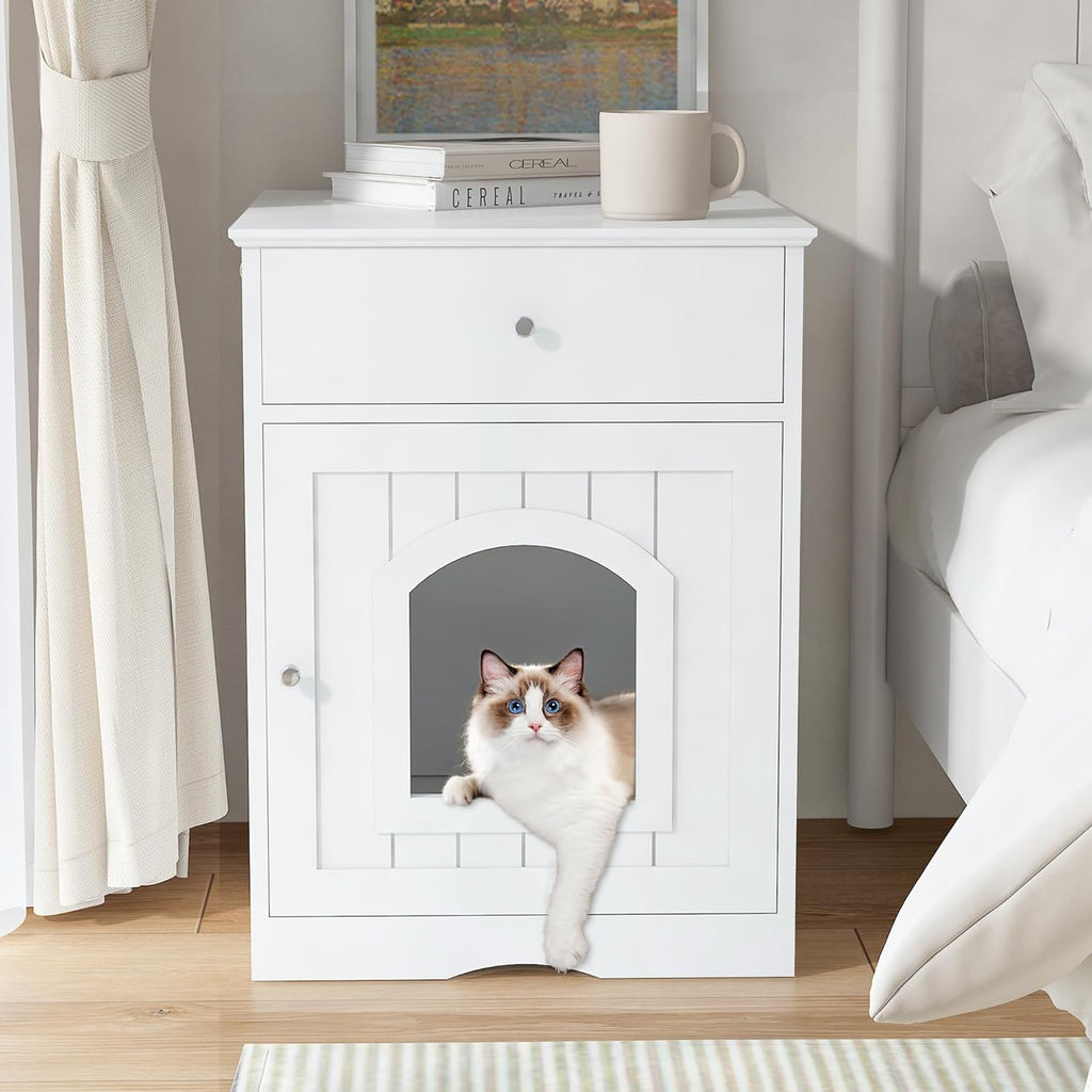 White Wooden Pet Furniture Hidden Cat Litter Box Enclosure Cabinet Drawer Cat Crate & End Table Fits Most Litter Boxes
