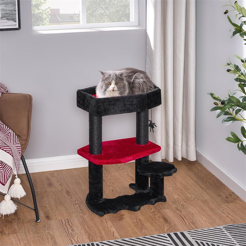 Gothic Cat Tree With Coffin Cat Tower Coffin With Scratching Post Spider Hanging Ball Halloween Black Pet Furniture
