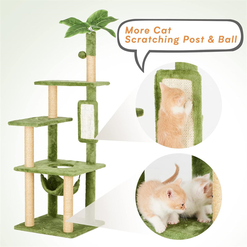 55\" Wood Cat Tree for Indoor Cats Multi-Level Large Cat Tower With Hammock Green Leaves Print Sustainable Feature