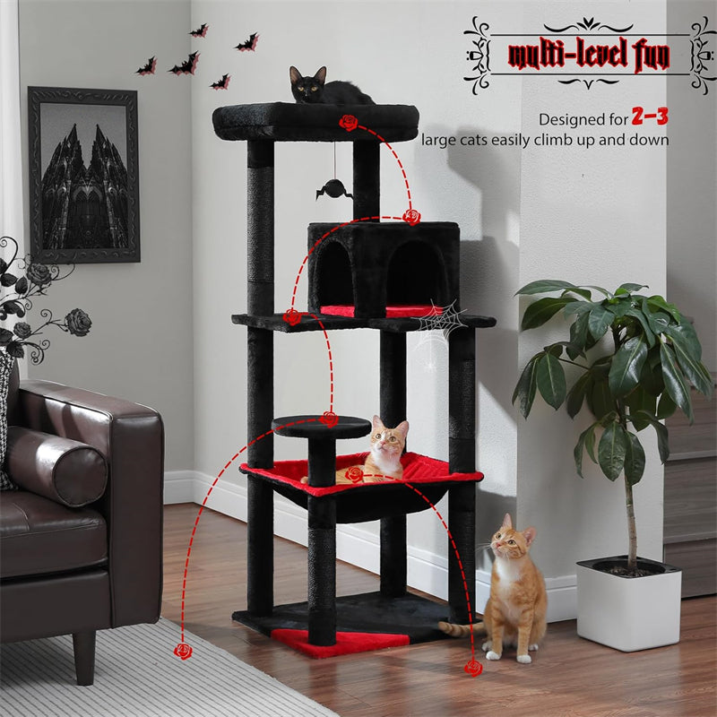56.3" Gothic Cat Tree for Indoor Cats Sisal Covered Scratching Posts, Cozy Condo and Top Perch Black