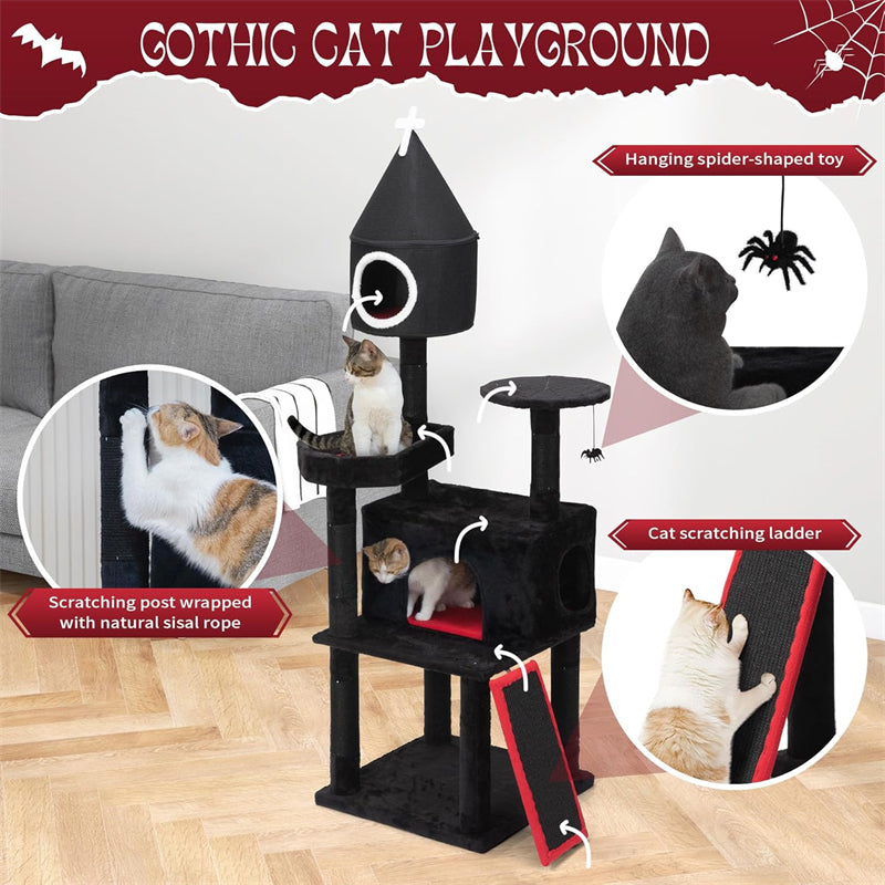 Gothic Cat Tree Black Multi-Level Wood Tower Spider Hanging Ball Cool Halloween Pet Furniture for Large Cats Scratching Post