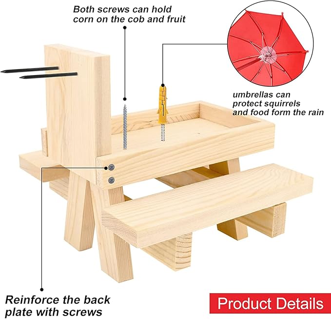 Sturdy Wooden Squirrel Feeding Station Umbrella-Mounted Tray Simple Installation Tabletop Bowl for Nuts Corn Husks for Peanuts