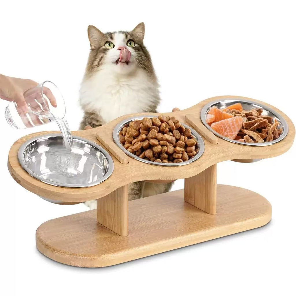 Bamboo Pet Bowl Solid Wood Pet Bowl Stand Feeder Bowl Elevated Tilted Neck Protection Feeder Suitable for Small Pets