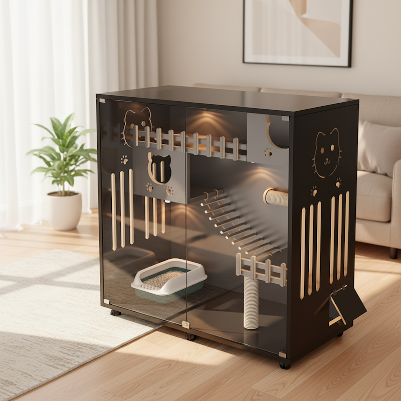 Luxurious Wooden Eco-Friendly Durable Double-Door Cat Villa, Creative Indoor Applicable, Large Pet Play Cage for Two Cats