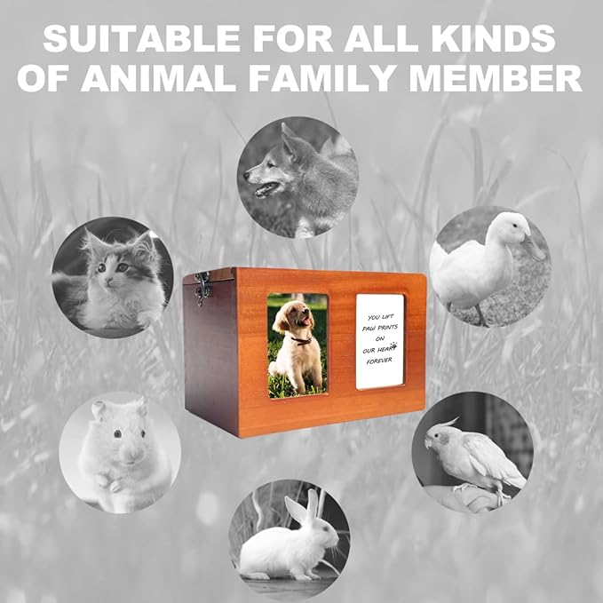 U-Shaped Lock Wood Pet Cremation Box Memory House with Commemorative Card for Pets up to 40 Pounds Animal Patterned