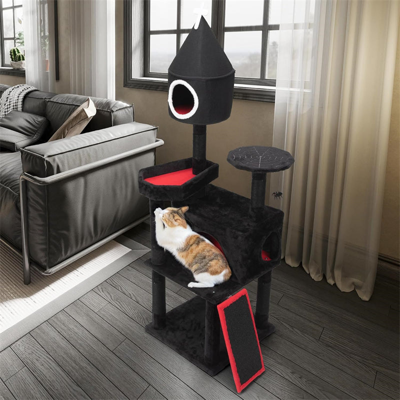 Gothic Cat Tree Black Multi-Level Wood Tower Spider Hanging Ball Cool Halloween Pet Furniture for Large Cats Scratching Post