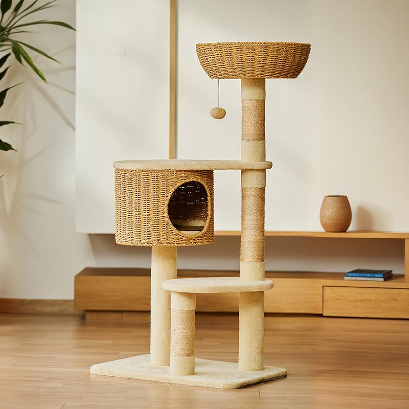 2026 Wood Wickerwork Cat Tree cat House Tower with 3 Levels Sisal Material Eco-Friendly Durable Cat Climbing Frame
