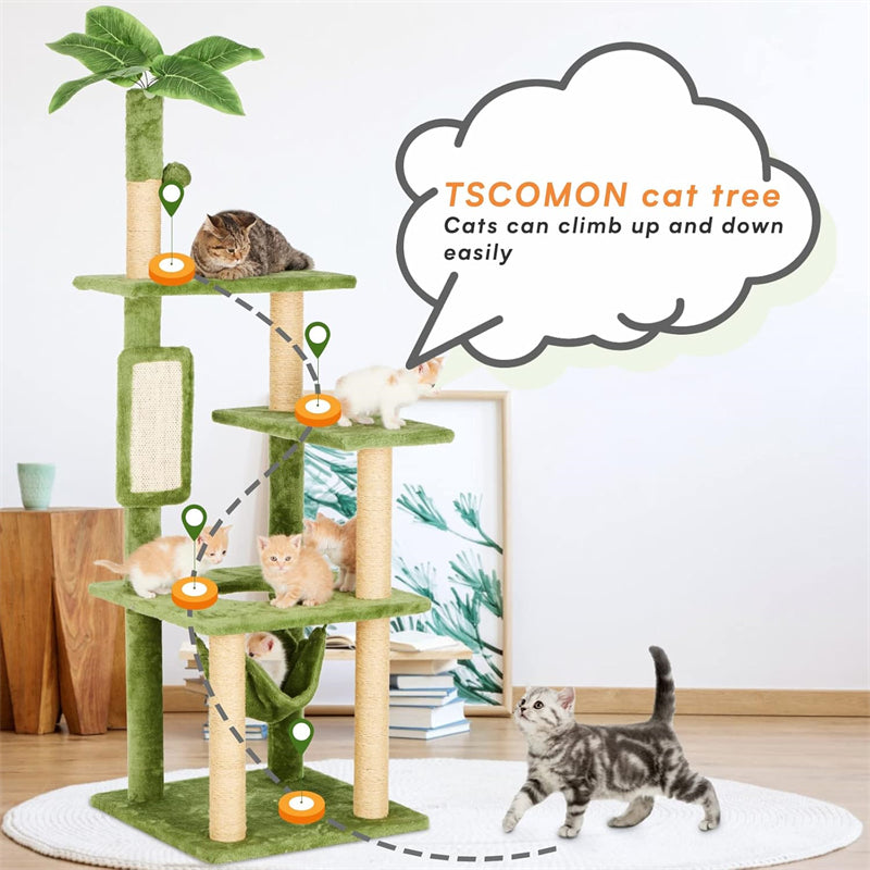 55\" Wood Cat Tree for Indoor Cats Multi-Level Large Cat Tower With Hammock Green Leaves Print Sustainable Feature