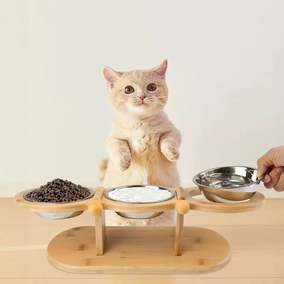 Bamboo Pet Bowl Solid Wood Pet Bowl Stand Feeder Bowl Elevated Tilted Neck Protection Feeder Suitable for Small Pets