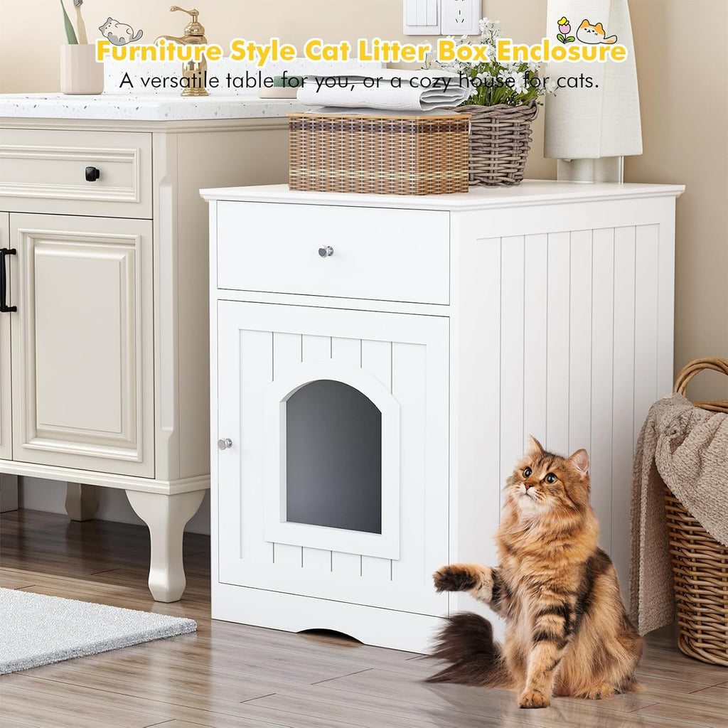 White Wooden Pet Furniture Hidden Cat Litter Box Enclosure Cabinet Drawer Cat Crate & End Table Fits Most Litter Boxes