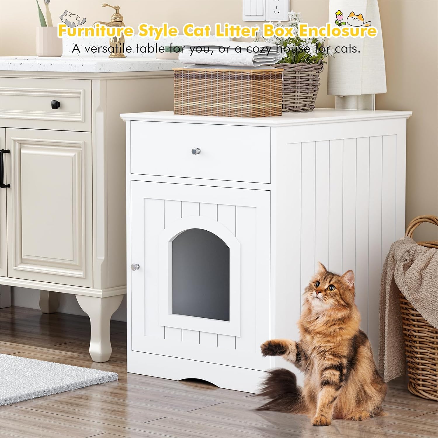 White Wooden Pet Furniture Hidden Cat Litter Box Enclosure Cabinet Drawer Cat Crate & End Table Fits Most Litter Boxes