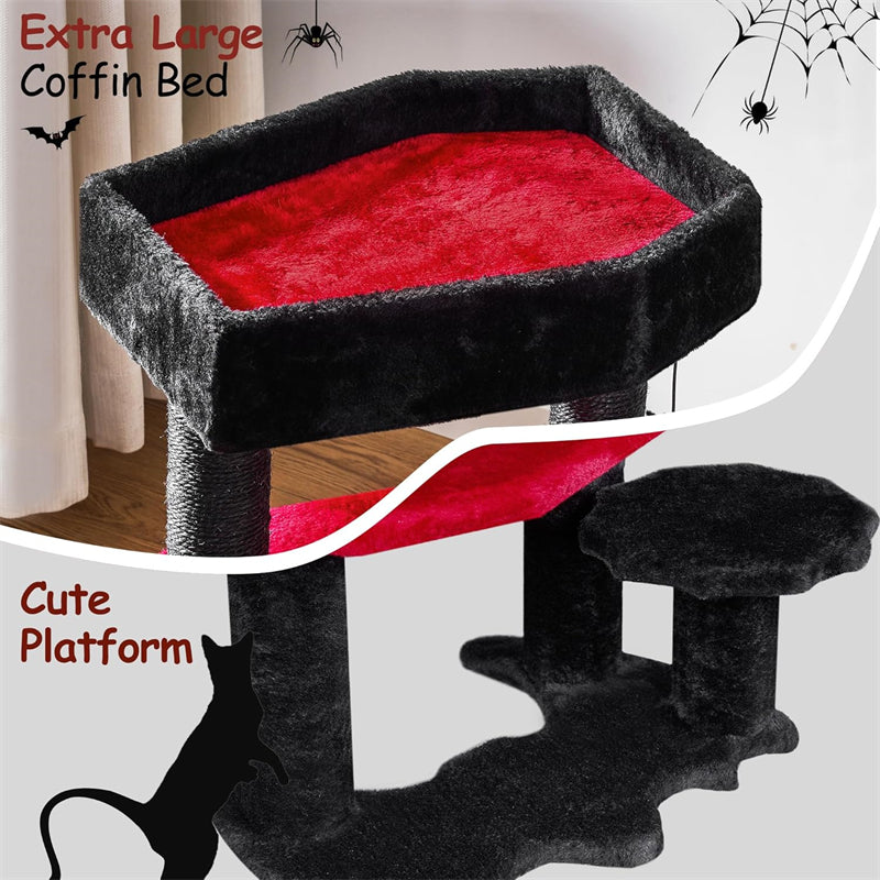 Gothic Cat Tree With Coffin Cat Tower Coffin With Scratching Post Spider Hanging Ball Halloween Black Pet Furniture